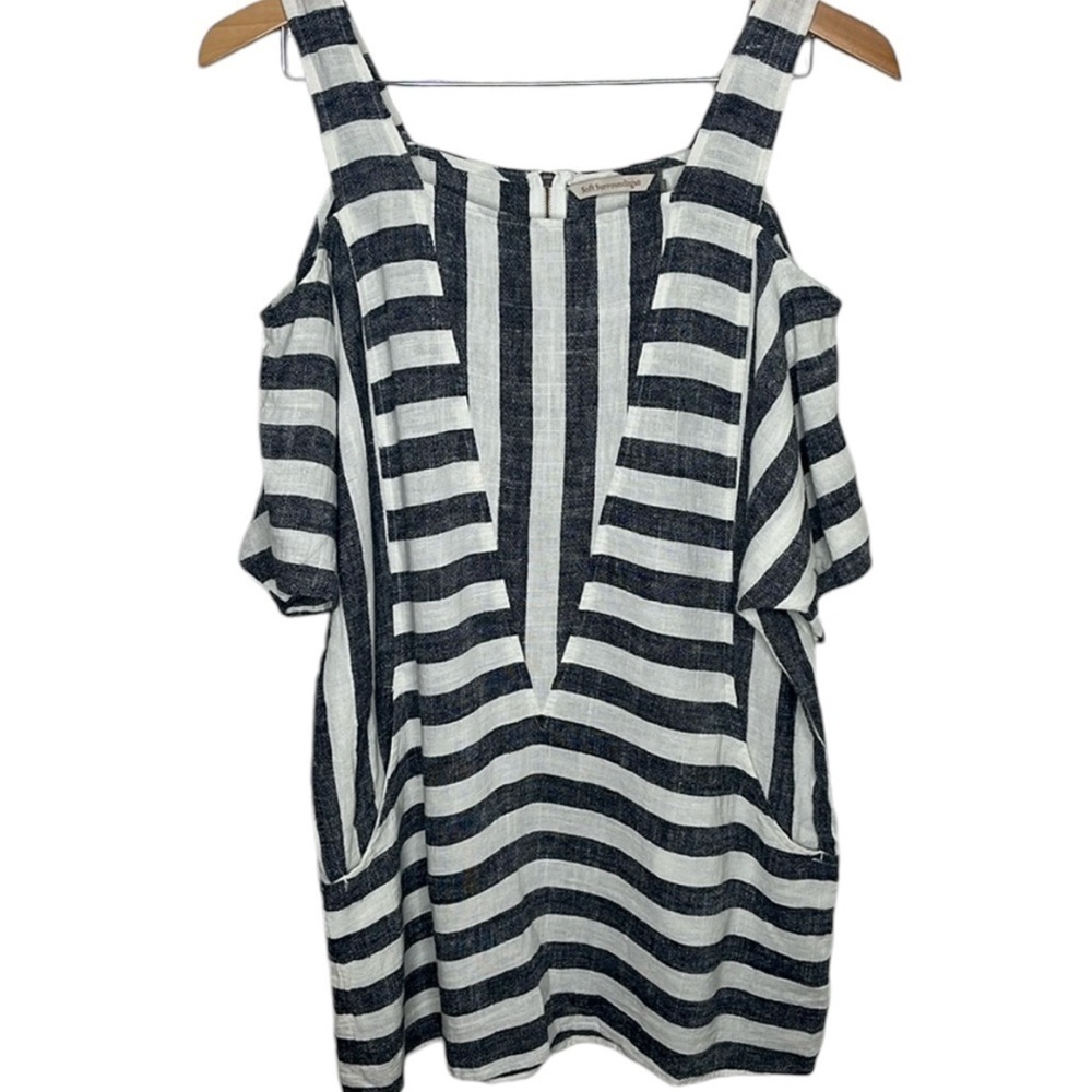 Soft Surroundings Sunset Grey White Striped Cold Shoulder Linen Tunic Size S
